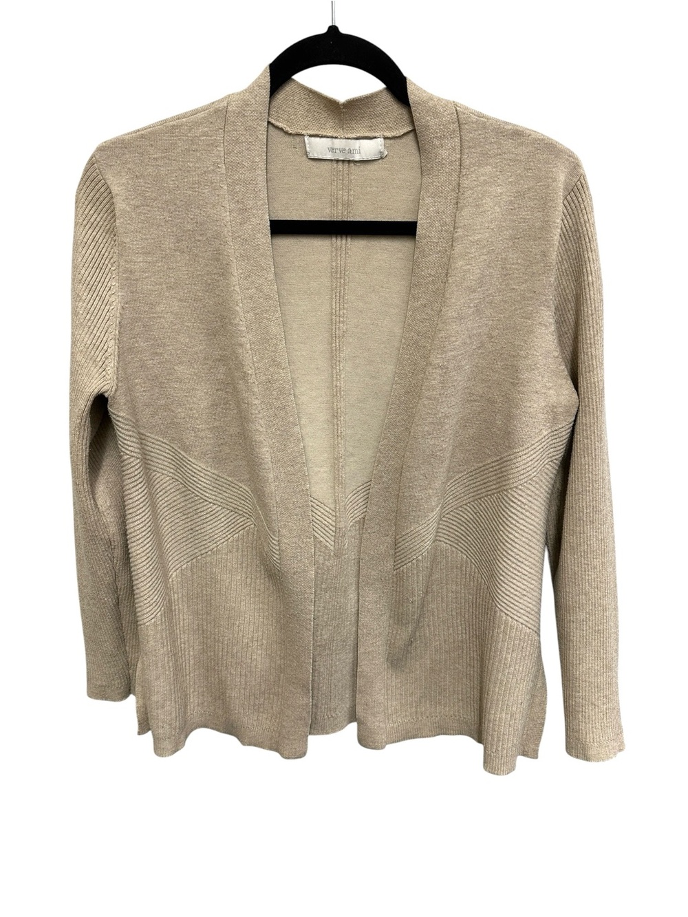 Verve Ami beige open front directional rib stitch cardigan sweater